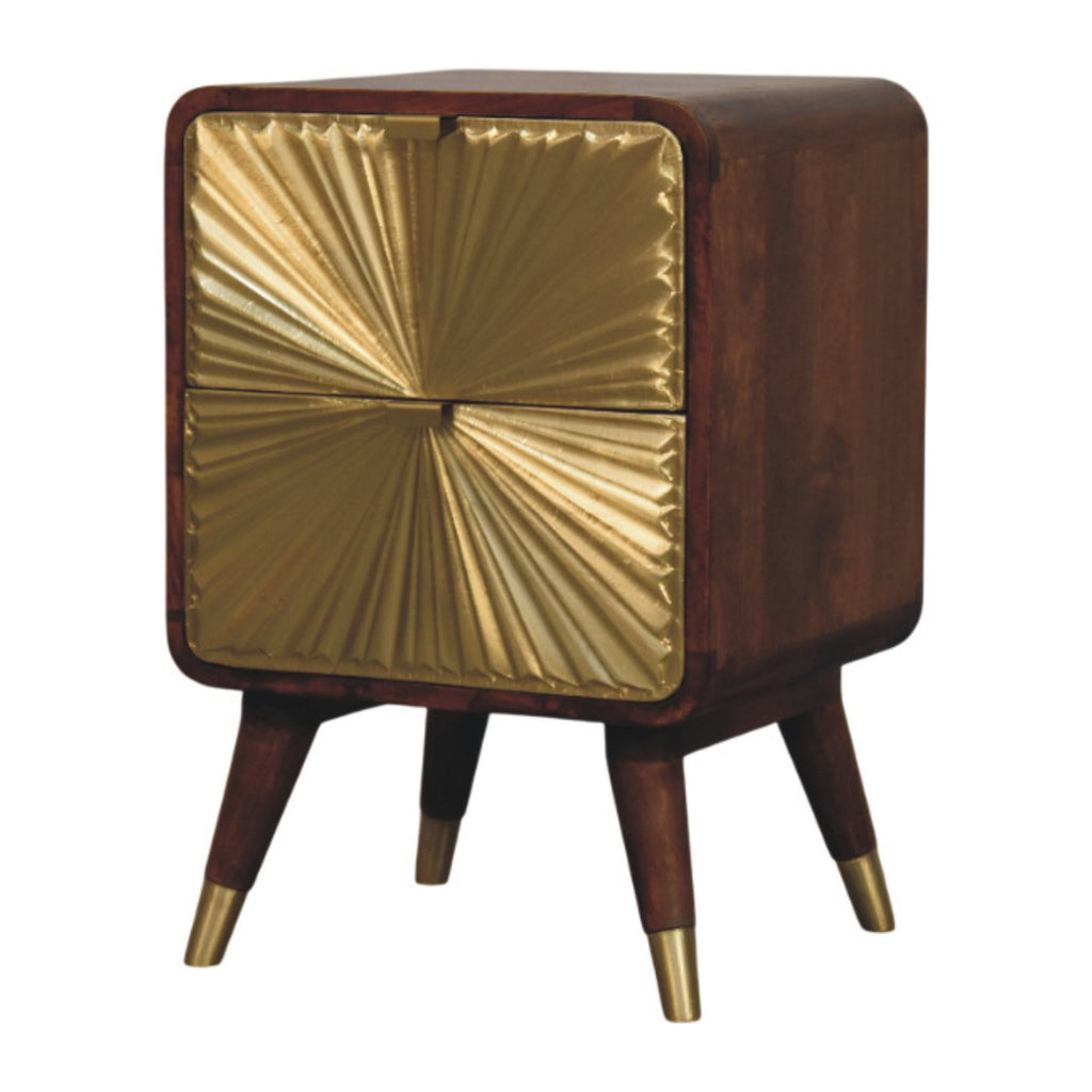 Avora Brass Embossed Two-Drawer Chestnut Bedside Table product view 2 by Eversby Home