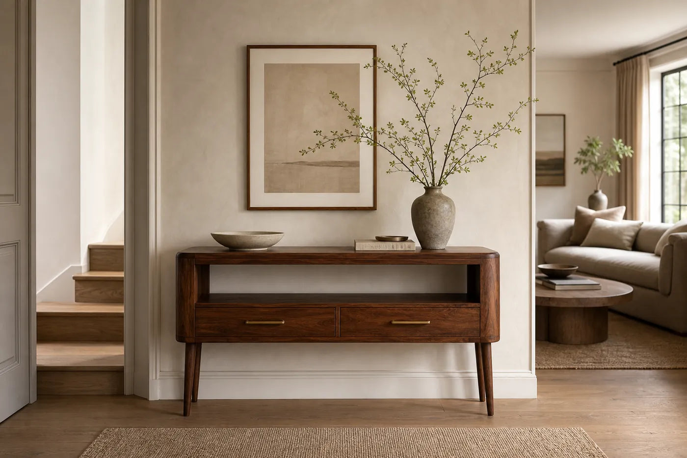 Warm wood console table styled in a calm British hallway