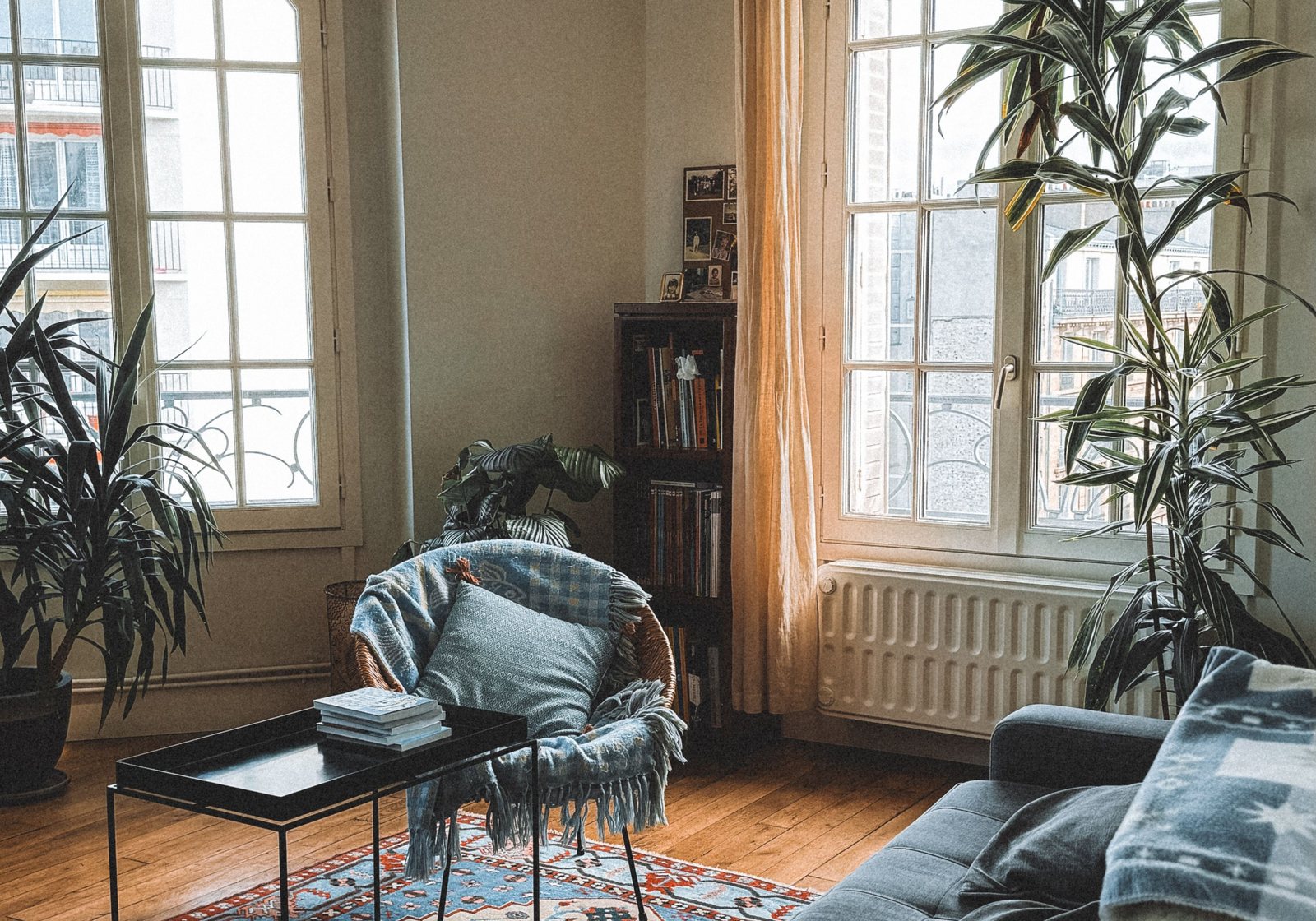 Sunlit living room with warm timber furniture, tall windows and a calm British home atmosphere