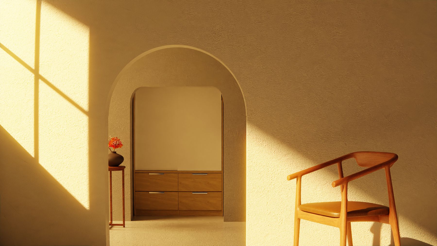 Wooden seating in soft natural light with a calm home texture