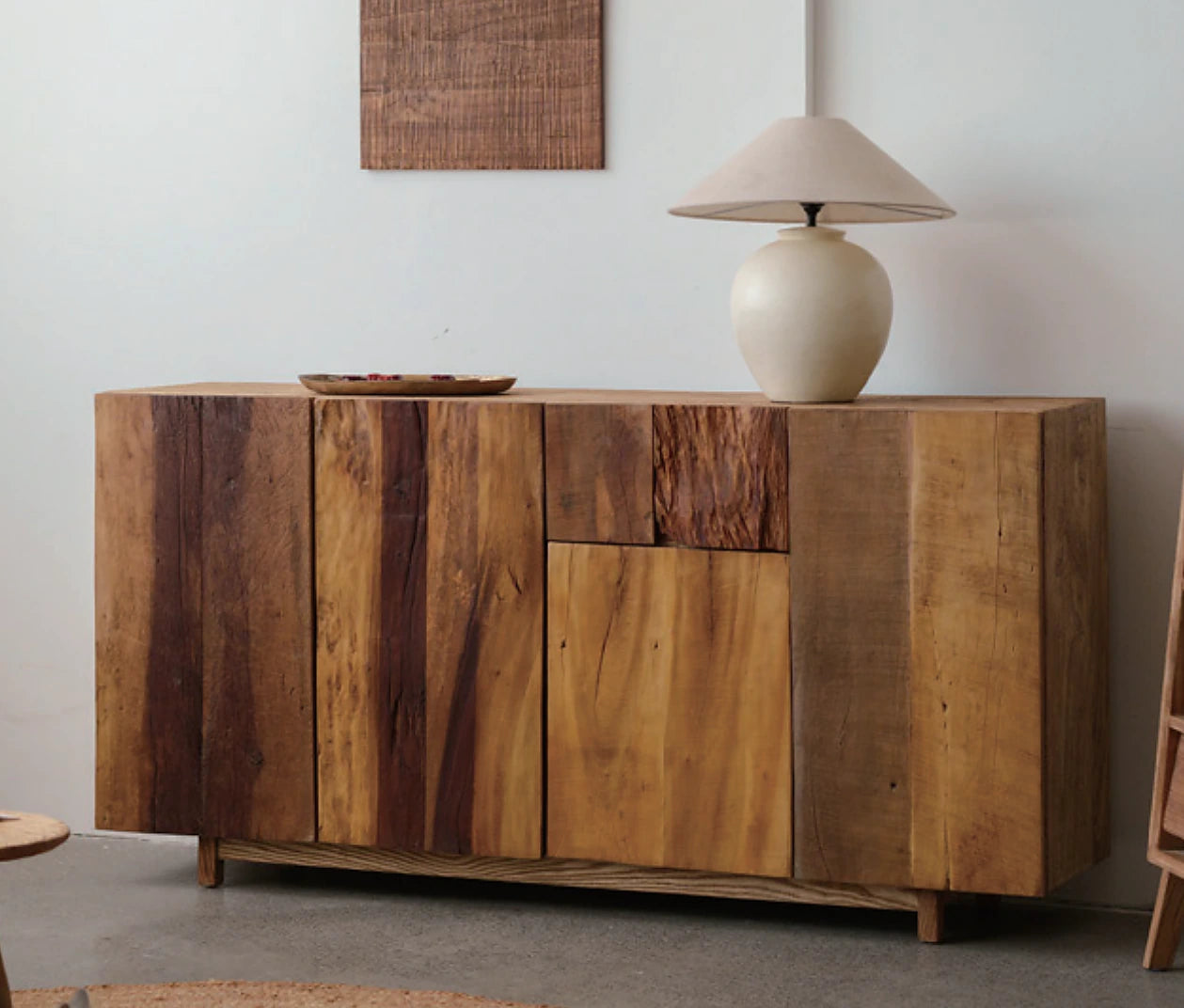 Natural timber sideboard with varied grain panels